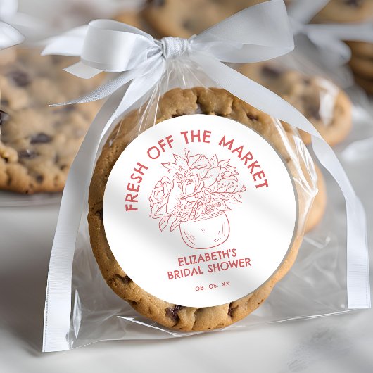 手描きのフレッシュなマーケットスタイル コーラル ブライダルシャワー ラウンドシール