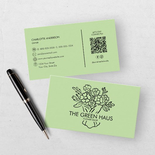 手描きのフローリスト グリーン ボタニカル QR コード 名刺