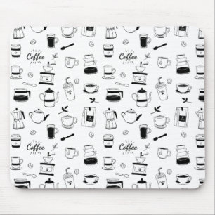 手描きのブラックコーヒーとカフェ柄 マウスパッド