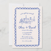 手描きのブルーの筆記体でおしゃれな結婚式の案内 招待状 (正面)