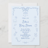 手描きのベビーシャワー、リボンの赤ちゃん男の子 手書き 招待状 (正面)