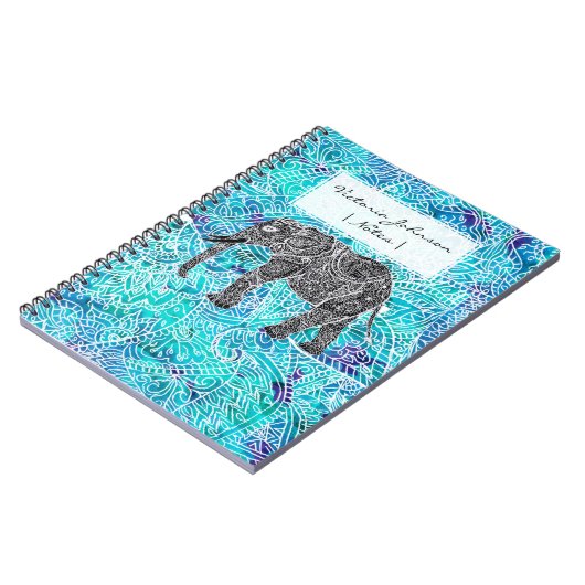 手描きのペイズリーのboho象の青のターコイズ ノートブック (左側)