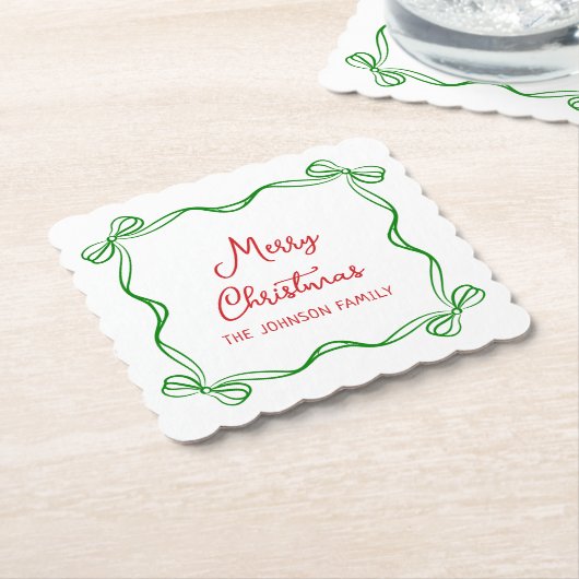 手描きのボウが可愛いクリスマスギフト ペーパーコースター (アングル)