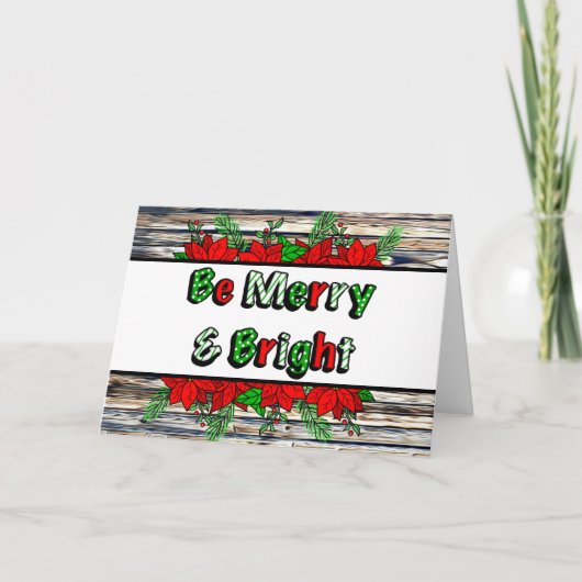 手描きのポインセチアと merry bright のクリスマスカード カード (正面)