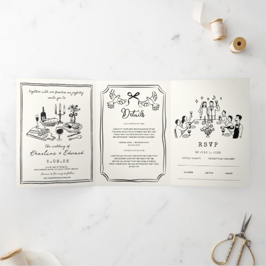 手描きのポップでラフな結婚式のイラスト 三つ折り案内状 (内部)