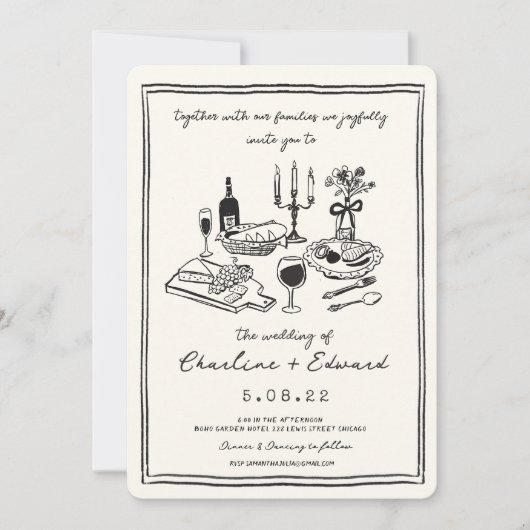 手描きのポップでラフな結婚式のイラスト 招待状 (正面)