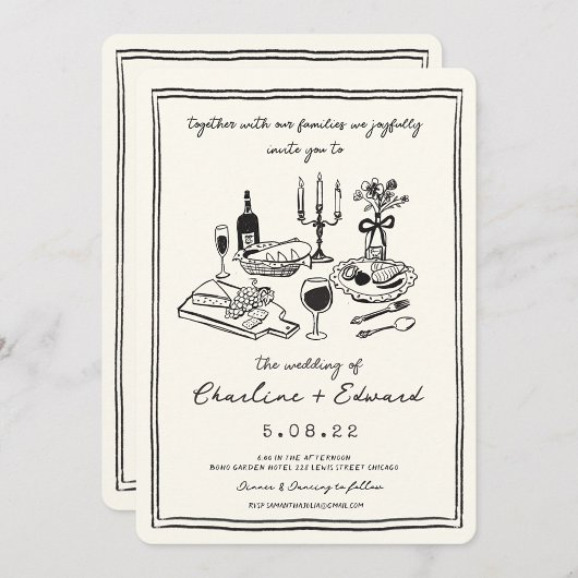 手描きのポップでラフな結婚式のイラスト 招待状