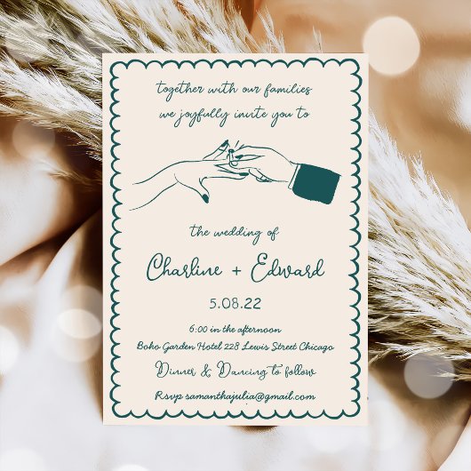 手描きのポップなイラストと手書きの結婚式 招待状