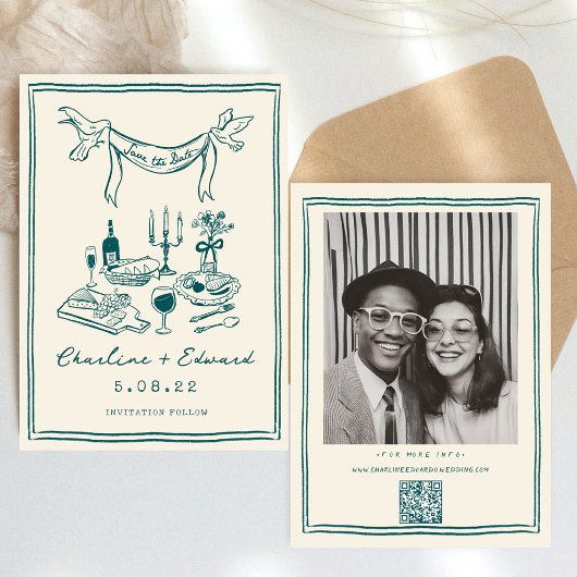 手描きのポップな筆記体で「Save the date」 セーブザデート