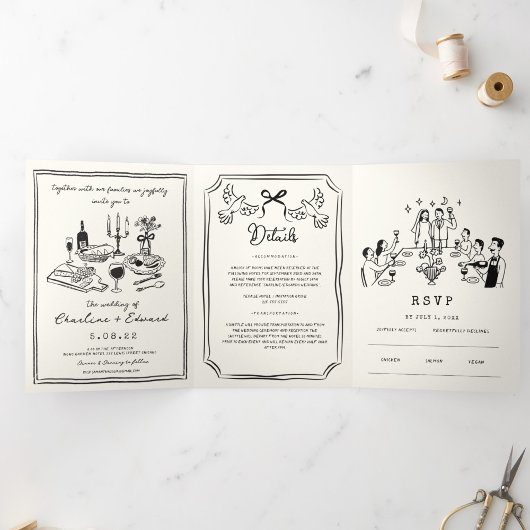 手描きのポップな絵 手書き ウェディング  三つ折り案内状