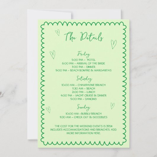 手描きのマージ&マリッジ バチェロレッテウィークエンド 招待状 (裏面)