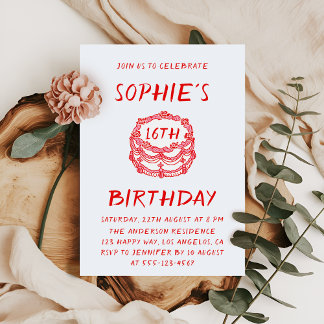 手描きのミニマルな赤いケーキの16歳の誕生日 招待状