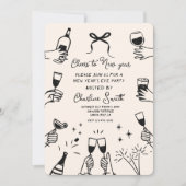 手描きのミニマル「新しい年の乾杯」パーティー 招待状 (正面)