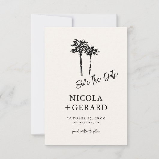手描きのヤシの木とトロピカルなデザインが小さな結婚式にぴったり セーブザデート (正面)