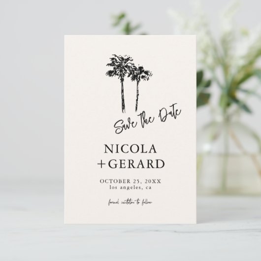 手描きのヤシの木とトロピカルなデザインが小さな結婚式にぴったり セーブザデート (スタンド正面)