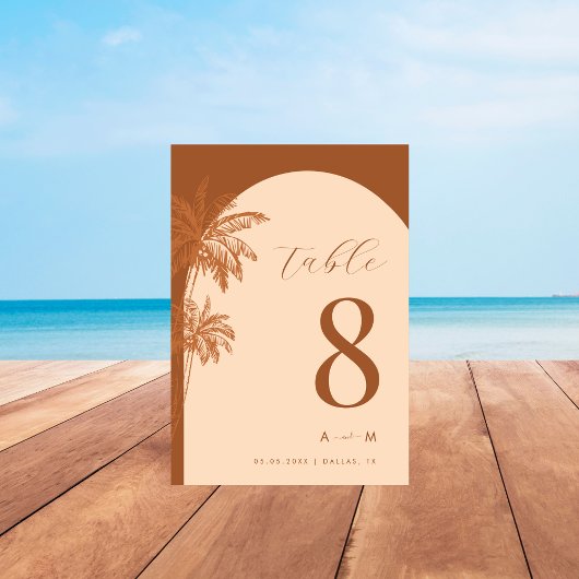 手描きのヤシの木のテラコッタ モノグラム ビーチ ウェディング テーブルナンバー