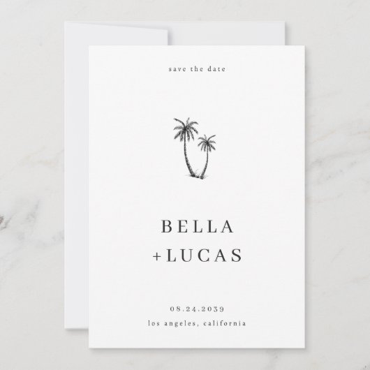 手描きのヤシの木の写真 ウェディングサイト セーブザデート (正面)