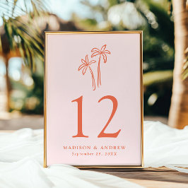 手描きのヤシの木 ピンクの結婚式 テーブルナンバー