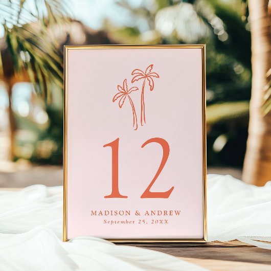 手描きのヤシの木 ピンクの結婚式 テーブルナンバー