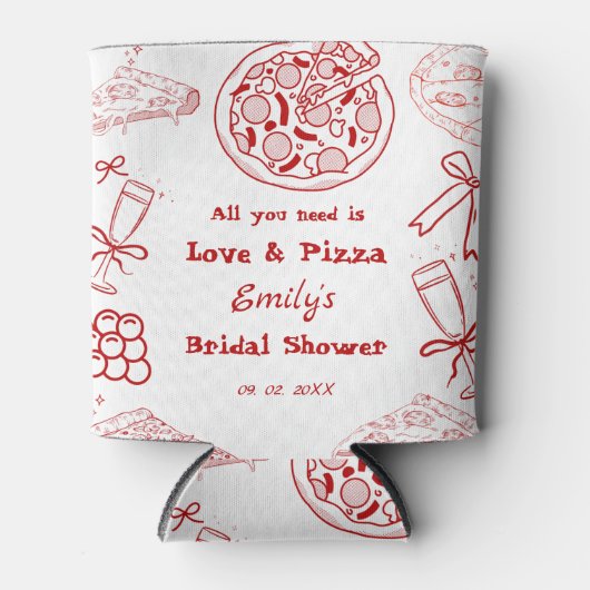 手描きのラブ & ピザ ブライダルシャワー 缶クーラー (正面)