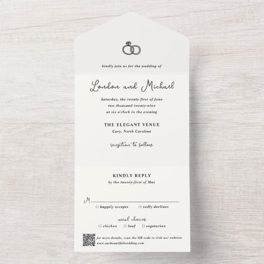 手描きのリングと落書きのQRコード 現代のウェディング オールインワン招待状 (内側)