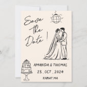 手描きのレトロなクリーム色のファンシーな セーブザデート (正面)