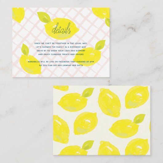 手描きのレモンとピンクのチェック柄の詳細 エンクロージャーカード (正面/裏面)