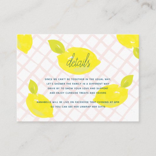 手描きのレモンとピンクのチェック柄の詳細 エンクロージャーカード (正面)