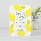 手描きのレモンとピンクのチェック柄の1歳誕生日 招待状 (スタンド正面)