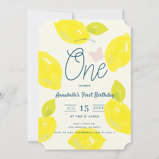 手描きのレモンとピンクのチェック柄の1歳誕生日 招待状 (正面)