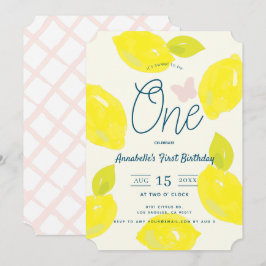 手描きのレモンとピンクのチェック柄 ファーストバースデー 招待状