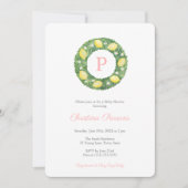 手描きのレモンと花のリース おしゃれな女の子のベビーシャワー 招待状 (正面)