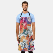 手描きのレモン、青い葉のパターン。 エプロン (着用した状態)