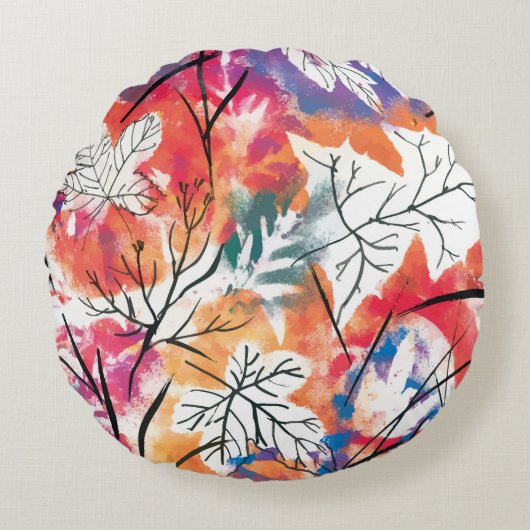 手描きのレモン、青い葉のパターン。 ラウンドクッション (正面)