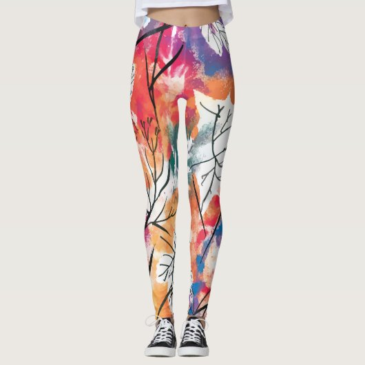 手描きのレモン、青い葉のパターン。 レギンス (正面)