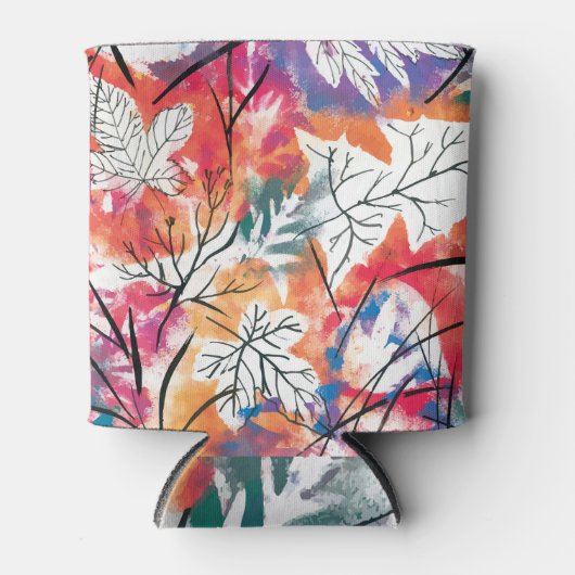 手描きのレモン、青い葉のパターン。 缶クーラー (正面)