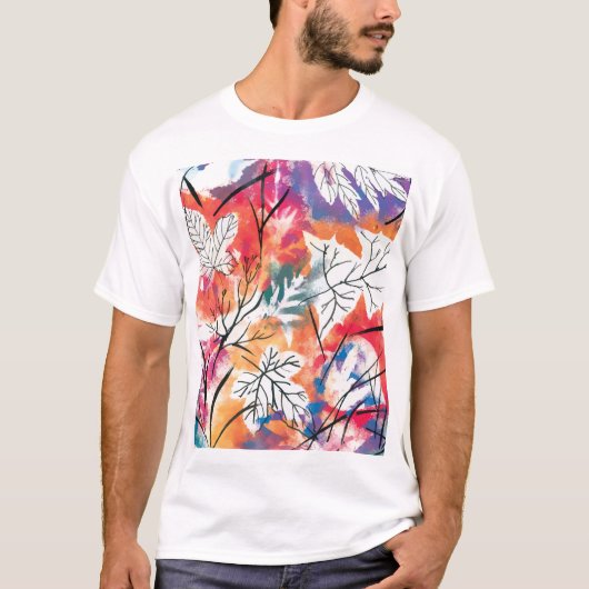 手描きのレモン、青い葉のパターン。 Tシャツ (正面)