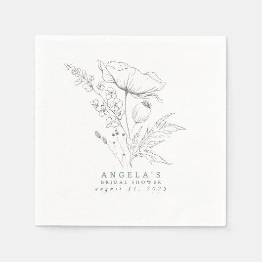 手描きのワイルドフラワーのエレガントでミニマルなナプキン スタンダードカクテルナプキン (正面)