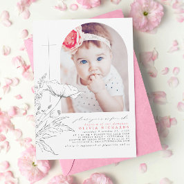 手描きのワイルドフラワーの洗礼 赤ちゃん女の子の写真 招待状