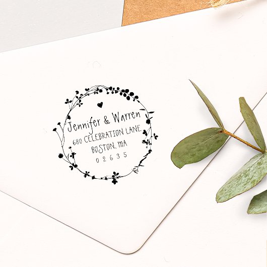 手描きのワイルドフラワーの花輪の差出人住所 ラバースタンプ