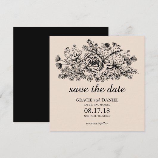 手描きのワイルドフラワーフィールド・エッチング　Save the Date 招待状 (正面/裏面)