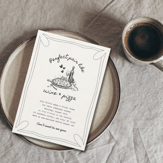 手描きのワインとピザのリハーサルディナー 招待状
