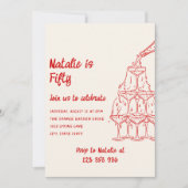 手描きのワインボトルタワー 50歳の誕生日 招待状 (正面)