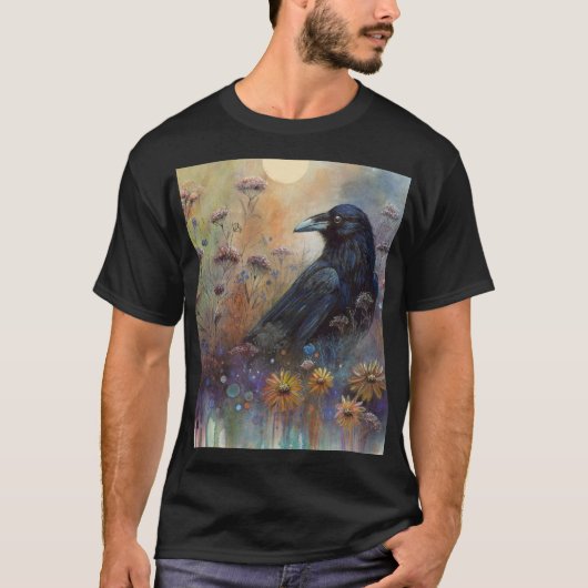 手描きのワタリガラスと日の出 Tシャツ (正面)