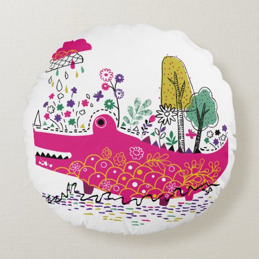 手描きのワニの野生の芸術 ラウンドクッション (正面)