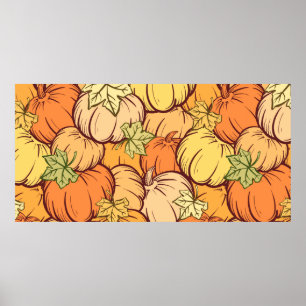 手描きのヴィンテージ ハロウィン かぼちゃと葉のシームレスパターン ポスター