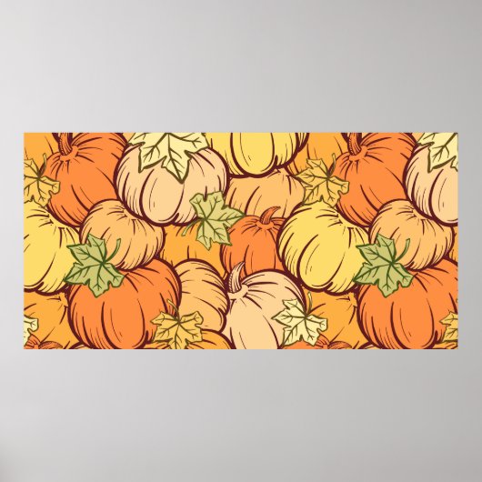 手描きのヴィンテージ ハロウィン かぼちゃと葉のシームレスパターン ポスター (正面)