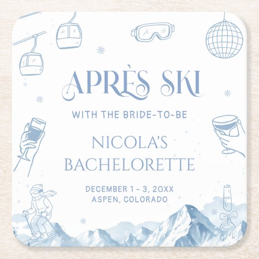 手描きの冬のアフタースキーバチェロレッテパーティー スクエアペーパーコースター (正面)