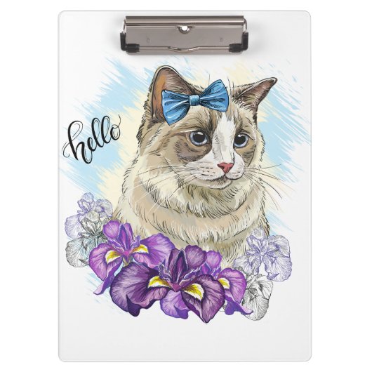 手描きの可愛い猫とお花のイラストのコピー クリップボード (正面)