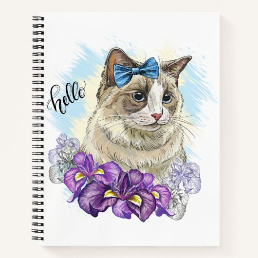 手描きの可愛い猫と花のイラストのコピー ノートブック (正面)